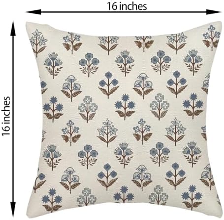 Blue Brown Pillow Covers 16x16 Inch 2 Pcs Block Print Vintage Floral Decor Throw Pillows Boho Flower Spring Summer Outdoor Seasonal Decoration Pillowcase Linen Cushion Cover for Couch Sofa - Image 6