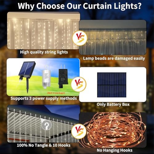 Solar Curtain Lights 10*10Ft 300LED Waterproof Waterfall Light with 8 Modes Remote Type C Charging Dimmable Timer Twinkle Fairy String Lights for Outdoor Christmas Gazebo Wedding Party Pergola Patio - Image 2