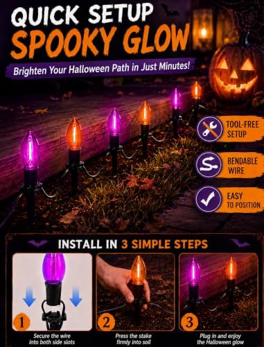 Halloween Pathway Lights, 10-Pack Purple and Orange C9 LED Stakes - Image 4