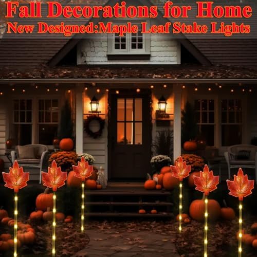 Fall Decor Solar Pathway Lights Outdoor Thanksgiving Decorations, 6 Pack Fall Leaves Solar Thanksgiving Maple Leaf Garden Stake Lights for Outside Patio Yard Wedding Party Autumn Decor - Image 2