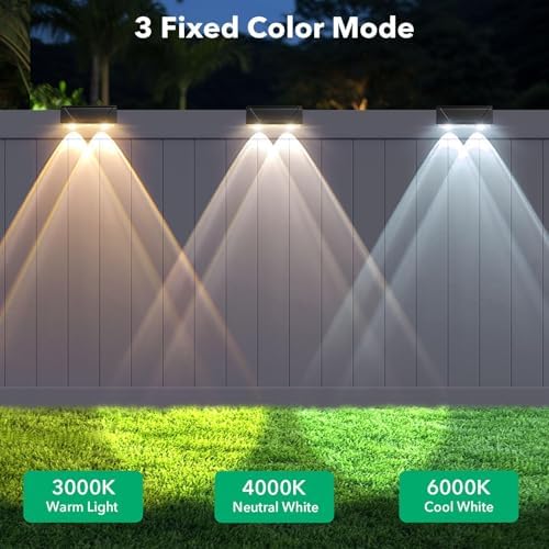 Solar Fence Lights Outdoor, IP55 Waterproof Solar Lights 3 Color Modes(3000K/4000K/6000K) Fence Light Solar Powered for Outside, Backyard, Railing, Steps, Patio and Wall Lighting（12 Pack） - Image 2