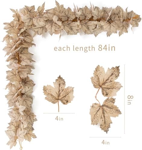 6PCS Beige Fall Maple Leaves Garland, 5.6Ft Artificial Maple Leaf Autumn Garland Hanging Fall Vines Table Decorations Front Door Fall Decor Thanksgiving Decorations Decor Outside Indoor Decor - Image 2