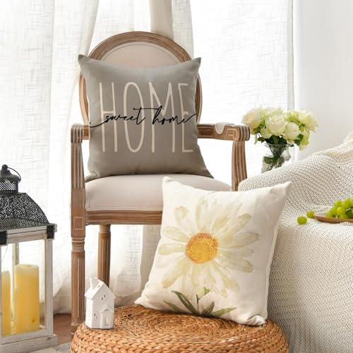 AVOIN colorlife Home Sweet Home Spring Summer Flowers Throw Pillow Covers, 16 x 16 Inch Grey Cushion Case for Sofa Couch Set of 4 - Image 3