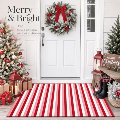 Moucuny 2'4'' X 3'7'' Christmas Red Pink White Vertical Stripe Outdoor Rug - Image 6