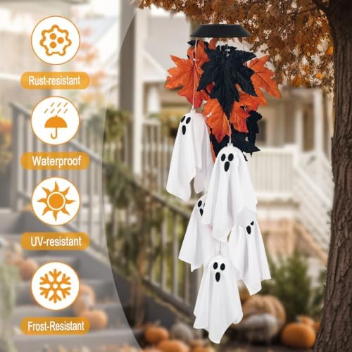 Halloween Solar Wind Chimes,Spooky Ghost Maple Leaves Hanging Mobile Lights - Image 2