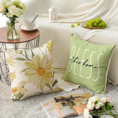 AVOIN colorlife Home Sweet Home Spring Summer Flowers Green Throw Pillow Covers, 16 x 16 Inch Cushion Case for Sofa Couch Set of 4 - Image 4