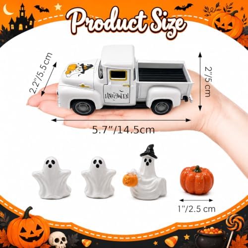 Halloween Vintage Metal Pickup Truck Decor with Ghost and Pumpkin Figurines, 5.7 Inch White Farmhouse Tabletop Decoration, Spooky Halloween Centerpiece for Tiered Tray, Mantel, Shelf and Party - Image 3