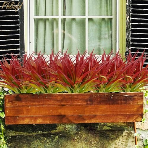 6Pcs Artificial Grass Fake Plants 17.3in Outdoor Plants UV Resistant Greenery Stems Fake Grass for Home Window Garden Office Patio Pathway Front Porch Christmas Décor Light Green & Red - Image 3