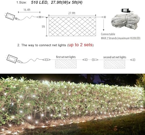 Lovelite 510 LED Christmas Net Lights, 28ft x 5ft Mesh Lights Outdoor Clear Wire 8 Modes, Waterproof Connectable String Lights Plug in for Xmas Tree Bushes Garden Holiday Party Decorations - White - Image 6