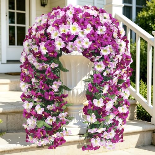 Artificial Hanging Flowers for Outdoors, 2 PCS 272 Blooms UV Resistant Morning Glory Faux Silk Vines, No-Odor Realistic Fake Plants for Garden Planter Porch Patio Decoration, Lotus Lightpurple by JulakoOnline