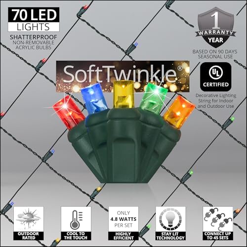 Wintergreen Lighting SoftTwinkle Pulsing Net Twinkle Lights, Outdoor Twinkling Christmas Lights, Green Wire (70 Lights, 4’ x 6’ Net, Multicolor) - Image 3