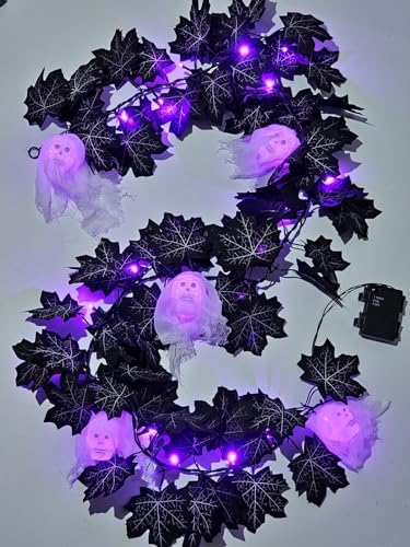 Black Maple Halloween Garland Decor Purple Lights Artificial Wreaths for Wall Fireplace Outdoor Indoor Yard Haunted House Decoration (Skeleton Maple Garlands) by Orindnely