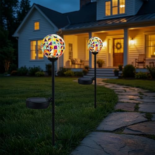 VCUTEKA Decorative Solar Garden Lights, 3.5" Mosaic Globe Outdoor Stake - Image 5