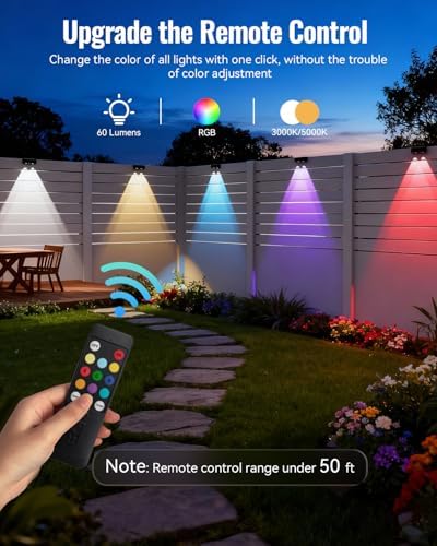 Solar Fence Lights Outdoor with Remote 4 Pack, Warm/Cool White & RGB 12 Modes, Deck Lights Solar Powered Waterproof, Backyard Lights for Step Stairs Railing Balcony Patio Decor - Image 2
