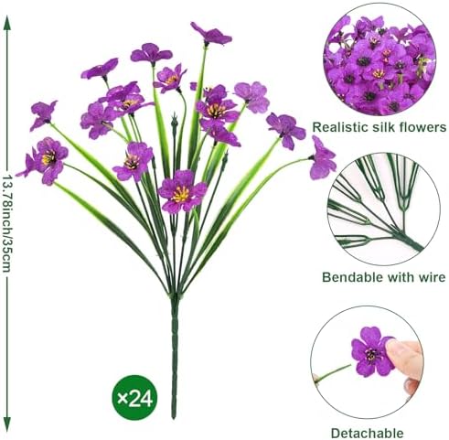 Ouddy Decor 24 Bundles Artificial Flowers for Outdoors Decorations, Purple - Image 3