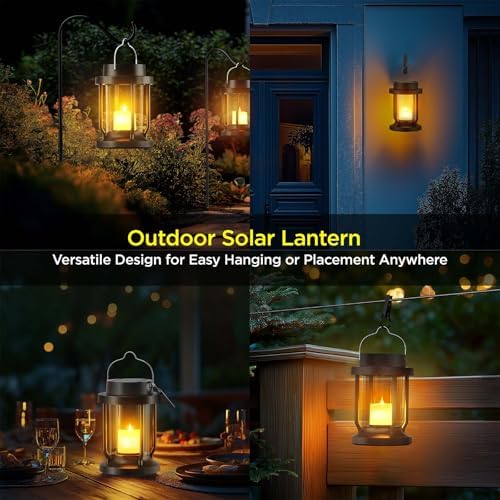 Solar Lantern Outdoor Indoor Use – Hanging Solar Lights with Realistic Flickering Flameless Candle, Weatherproof for Garden Decor, Patios, Trees, and Lawns (Black, 2 Pack) - Image 5