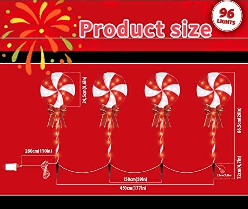 LAMPHOME 4PK 24" 96LED Lollipops Peppermint Pathway Markers with 11 Modes Christmas Lollipops Pathway Lights Decorations for Outdoor Yard(24" 96 LED 4 Pcs)… - Image 6