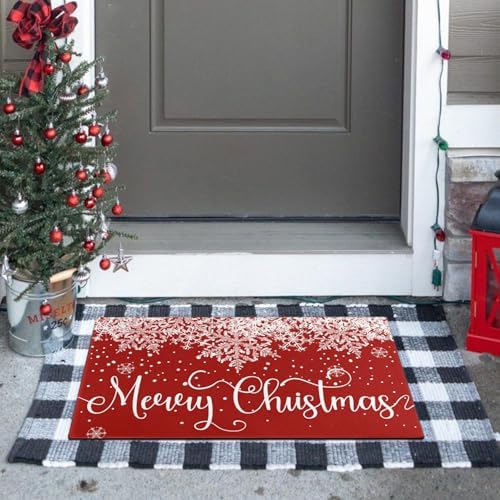 Merry Christmas Door Mat Outdoor for Front Door,Red Snowflake Snow Welcome Doormat,Winter Xmas Holiday Floor Rugs for Indoor Porch Entrance Farmhouse Decor 30" x 17 - Image 2