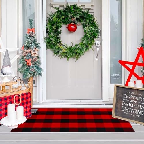 Ckorzen Red and Black Plaid Rug, 24" x 51" Christmas Front Porch Outdoor Rug, Handwoven Cotton Washable Rug for Layered Door Mats, Holiday Entryway and Home Décor - Image 3
