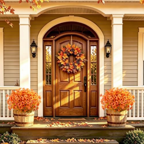 AmyHomie 16 PCS Artificial Fall Flowers for Outdoors, Orange Fake Mums - Image 6