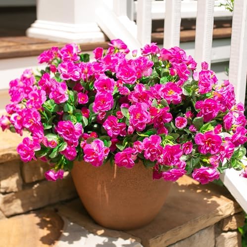 HyeFlora Artificial Faux Outdoor Flowers Plants for Spring Summer Decoration, Fake Silk Fuchsia Camellia UV Resistant Look Real for Planter Outside Front Door Porch Patio Balcony, 3 Large Bundles - Image 2