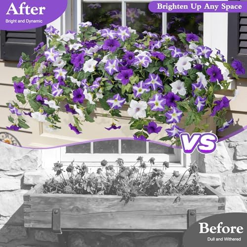 Ouddy Decor 3 Pcs Artificial Silk Petunias Flowers for Outdoors, Purple - Image 4