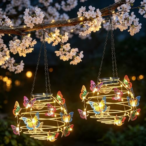 2 Pack Butterfly Solar Lights Outdoor Hanging Solar Lantern with Handle - Image 4
