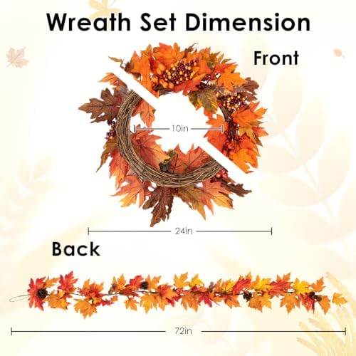 Fall 6FT Garland Wreaths 24", 4 Pack, Artificial Autumn - Image 2