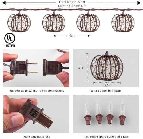 Decorative String Lights, 8.5ft with 10 Pumpkin Gold Beaded Copper Wire Lanterns, UL Certified Connectable Fairy Lights for Indoor Outdoor Patio Porch Garden Wedding Decor (1) - Image 5