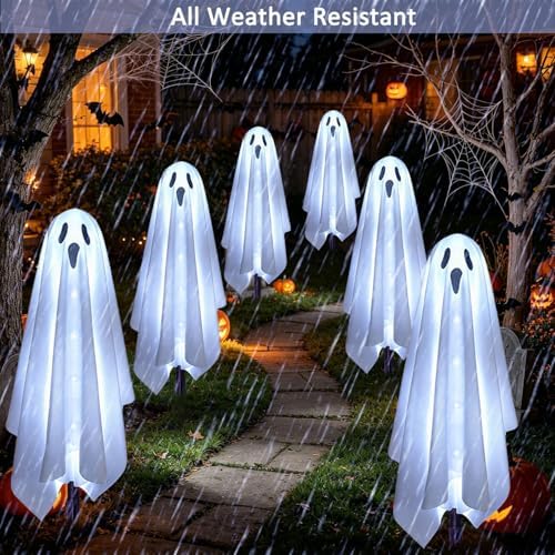 Solar Ghost Lights for Outdoor Halloween Decoration, Set of 6 Scary Spooky Pathway Lights for Trick or Treat Outside Garden Grave Lawn Porch Yard Halloween Party Decor, Cool White - Image 6