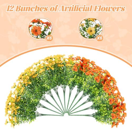 Fall Mums Artificial Flowers for Outdoors Potted, 12 Bundles Fake Fall Daisy Flower with Realistic Eucalyptus Leaves, Fake Plants for Greenery Boxwood Porch Patio Garden Pot Lawn(Yellow Orange) - Image 4