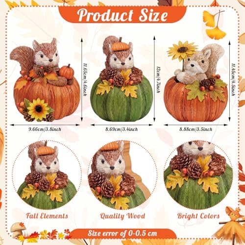DoubleFill 3 Pcs Fall Squirrels Pumpkins Figurines Wooden Table Decor - Image 3