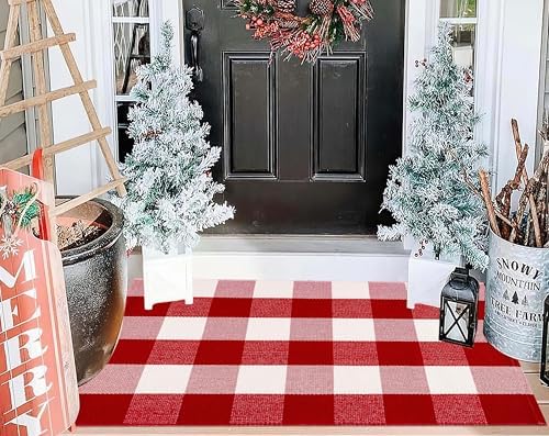 Red and White Front Door Mat 24"x35"Buffalo Plaid Christmas Outdoor Rug by Unknown