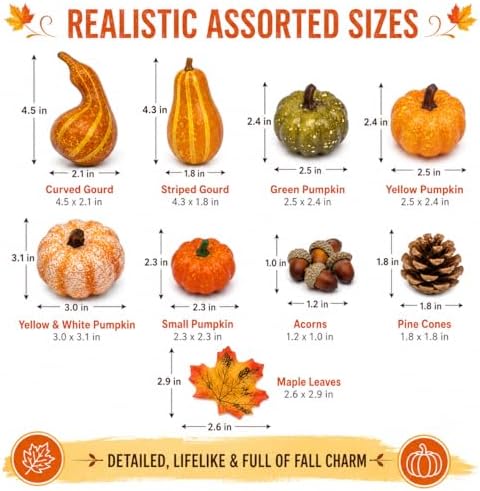 Fall Harvest Decor Set, 50-Piece Autumn Kit with Mini Pumpkin, Gourd, Maple Leaf, Acorn, Pine Cone, Thanksgiving and Halloween - Image 3