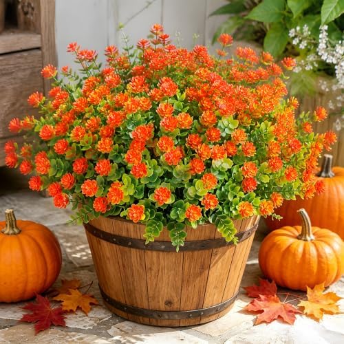 CLEANGOR 24 Pcs Artificial Mums for Outdoors, Fall Flowers (Orange Red) by Cleangor