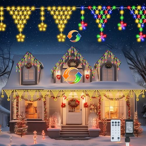 Christmas Outdoor String Lights Waterproof, 218 LED 13.8FT Star Curtain Fairy Lights with 11 Drops Connectable Clear Wire Christmas Light Decorations 8 Modes for Eaves Yard Wedding Party Holiday Decor by cerflyer