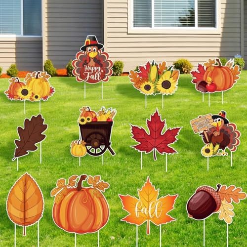 Amyhill 12 Pcs Outdoor Thanksgiving Decoration Thanksgiving Yard Sign with Stakes Fall Turkey Pumpkin Maple Lawn Signs for Outside Garden Patio Home Harvest Party Supplies by Amyhill