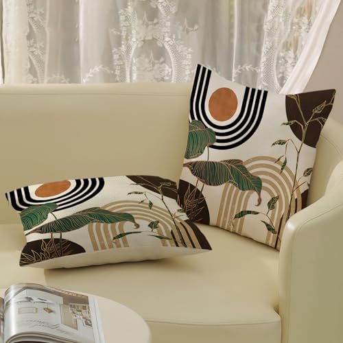 Boho Brown Pillow Covers 20x20 Set of 2 Gold Leaf Tropical Mid Century Throw Pillows Outdoor Bohemian Abstract Modern Decorative Pillowcase Farmhouse Linen Cushion Case for Couch Sofa Decor - Image 5