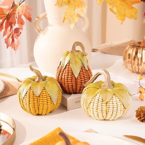 Valery Madelyn Fall Decorations for Home, Fall Pumpkin Decor, Set of 3 Resin Artificial Corn Decorative Pumpkins Indoor, Table Centerpieces Autumn Thanksgiving Halloween Decorations, 5.1 Inch - Image 2