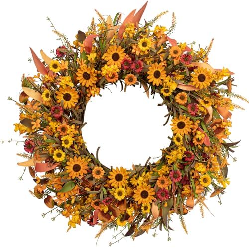 J'FLORU Artificial Fall Wreath 22 Inch Fall Wreaths for Front Door Autumn Porch Farmhouse Thanksgiving Day Harvest Festival by JFLORU