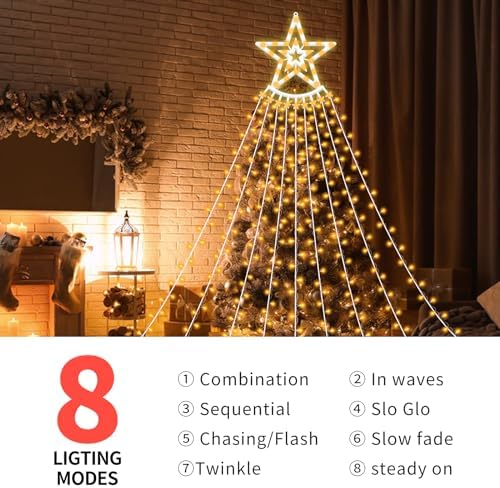 350 LED Christmas Decorations Star String Lights Waterproof Waterfall StarLights 8 Light Modes Remote & Timer,Waterproof Seasonal Lighting Decor for Home Xmas Tree Yard Wedding Party (Warm White) - Image 2