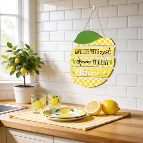 HOURIA Summer Lemon Welcome Front Door Sign Hanging(11.4"x11.5"), Checkered Lemon Wreath Rustic Wooden Wall Decor,Funny Welcome Decorations for Classroom Porch Home Kitchen,Housewarming Gift - Image 5