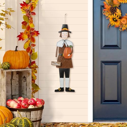 Glitzhome Thanksgiving Yard Stakes Metal Pilgrim Boy Yard Signs Hanging Wall Decors for Thanksgiving Fall Harvest Outdoor Decorations, 36" H - Image 4