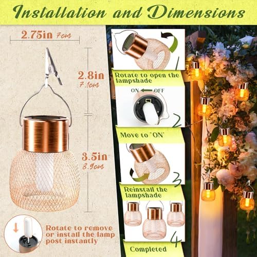 Anordsem Solar Hanging Lights Outdoor: 4 Metal Mesh Flame Lanterns with Clip - Waterproof LED Warm Lighting for Tree Yard Garden Xmas DIY Decor - Christmas Gifts for Homeowners Camper - Image 4