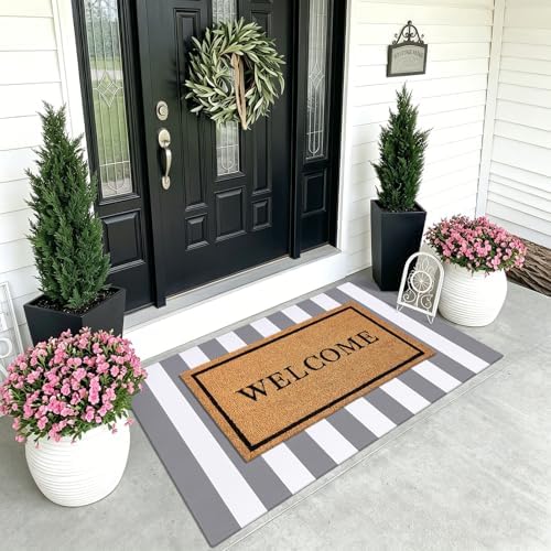 KOZYFLY Striped Rug 3x5 ft Cotton Woven Front Door Rugs, Gray and White - Image 2