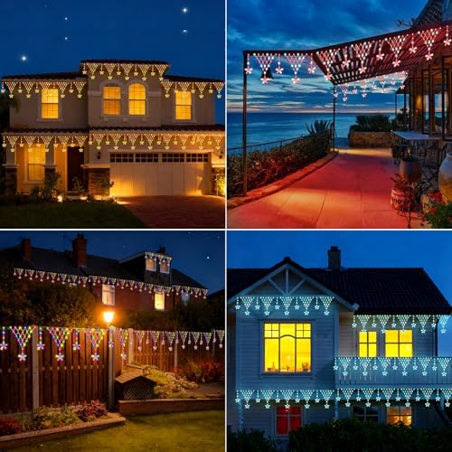 (New) Christmas Curtain Lights, RGB Remote Control Christmas Lights, 218 LED 13.8FT Outdoor String Lights with 12 Star Drops 8 Modes Waterproof for New Year, Eaves, Fence, Balcony, Railing Decor - Image 6