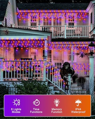 Outdoor Halloween Lights, Waterproof 53FT 486 LED Hanging String Lights with 108 Drops, 8 Modes Timer, Connectable Plug-in Outside Lights for Party Eaves Yard Decorations, Purple and Orange - Image 6