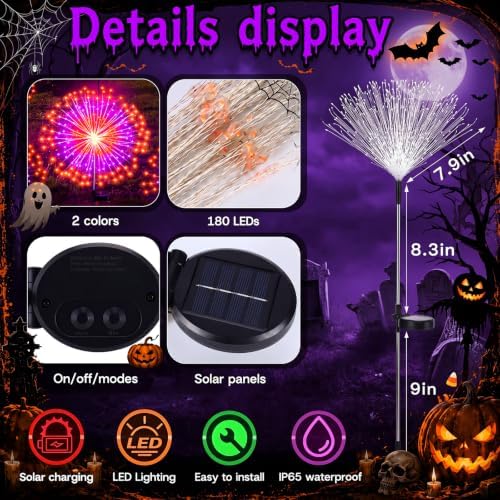 Tujoe 8 Pcs Halloween Solar Firework Stake Lights 180 LED 8 Modes - Image 4