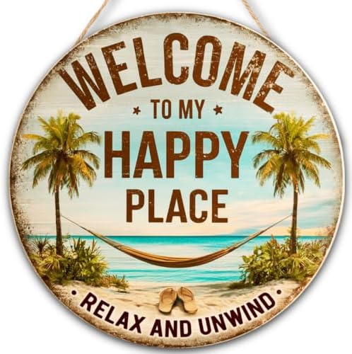Welcome To My Happy Place Wooden Hanging Sign for House Front Door, Lake Beach House Welcome Sign for Porch Garden Patio by FDLLAUS