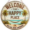 Welcome To My Happy Place Wooden Hanging Sign for House Front Door, Lake Beach House Welcome Sign for Porch Garden Patio by FDLLAUS